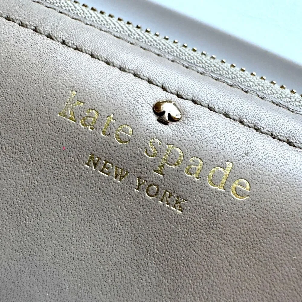 Kate Spade Zip Around Smooth Leather Wallet Gold Hardware Rivets Taupe Beige